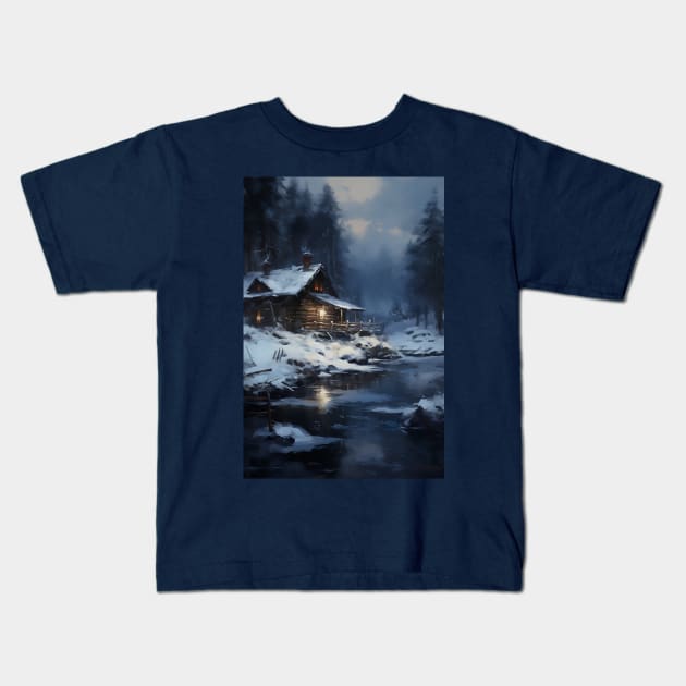 cozy winter nights - cabin by the lake - 2 Kids T-Shirt by UmagineArts